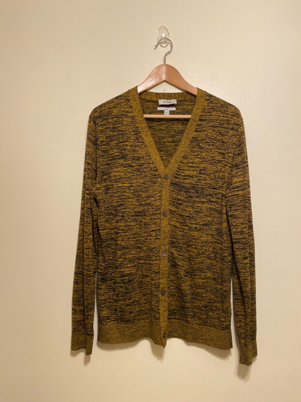 COS Men's Marled Mustard and Black V-Neck Button Cardigan. Slim fit . Size M